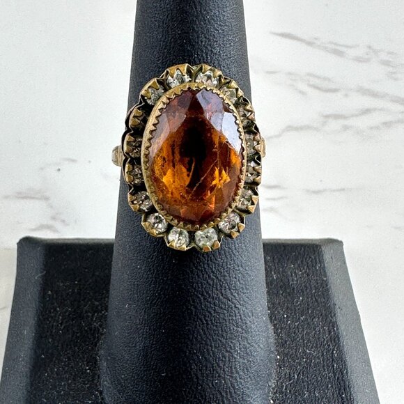 Vintage Orange & Clear Rhinestone Cocktail Ring Size 6.5 Oval Stone Adjustable B - Picture 1 of 10